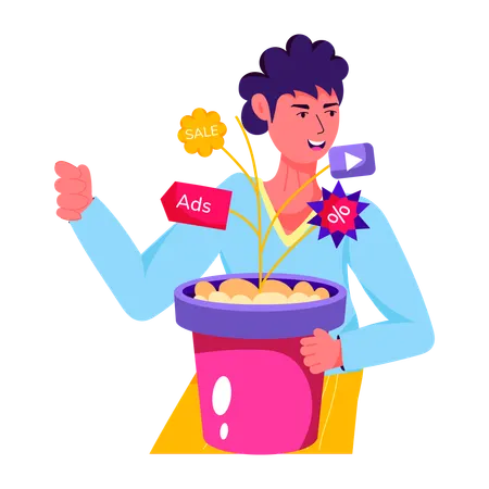 Man looking at different marketing options  Illustration