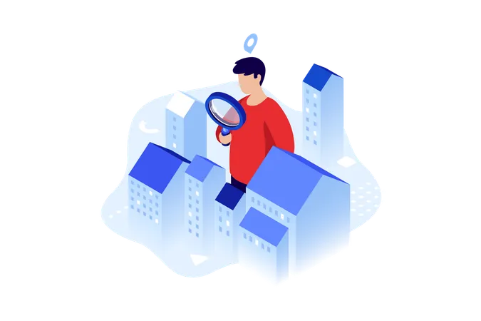 Man Looking At Dwelling Houses Through Magnifying Glass Navigation In City Location Concept Isometric Vector Illustration Guy Seeking Apartment For Rent Cartoon Character Colour Composition Illustration
