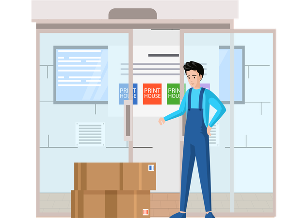 Man looking at equipment for printers in containers  Illustration