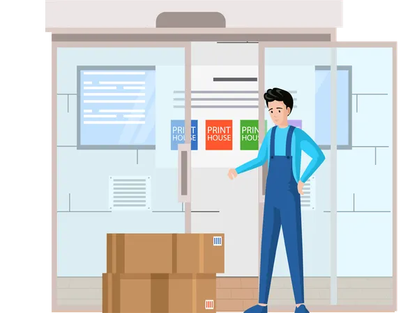 Man looking at equipment for printers in containers  Illustration