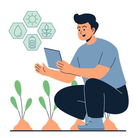 Man looking at features of modern agricultural technology for plant care  Illustration