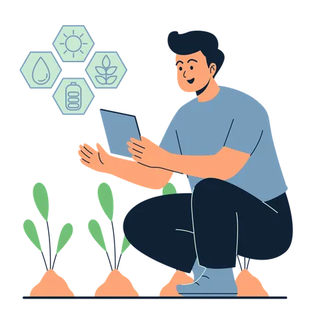Man looking at features of modern agricultural technology for plant care  Illustration