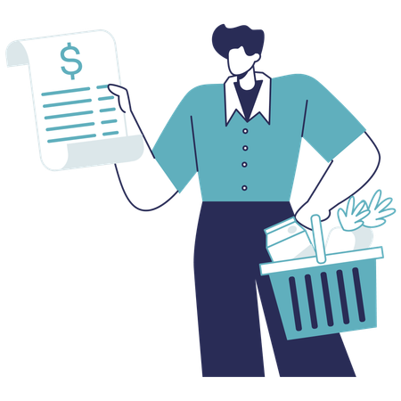 Man looking at grocery shopping bill  Illustration