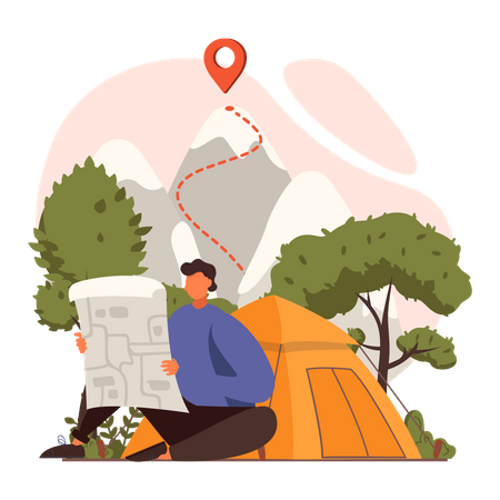 Man looking at hiking map Illustration
