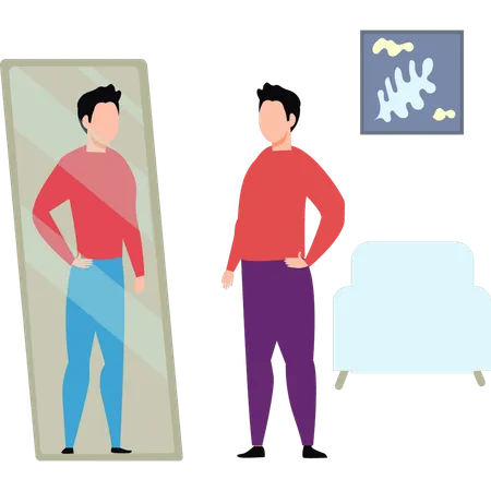 The Boy Is Looking At Himself In The Mirror As A Fit Person Illustration