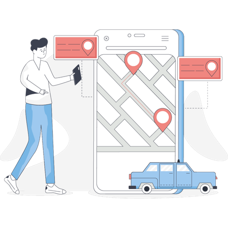 Man looking at his phone while searching for a parked car in a busy parking lot  Illustration