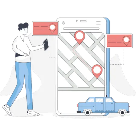 Man looking at his phone while searching for a parked car in a busy parking lot  Illustration