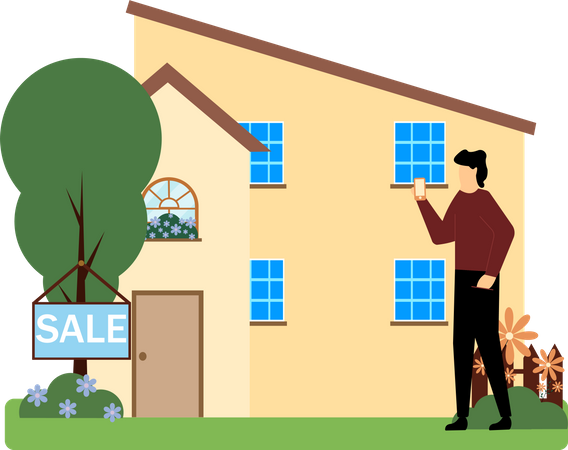 Man looking at home on sale  Illustration