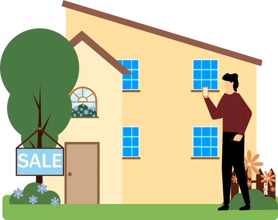 Man looking at home on sale  Illustration