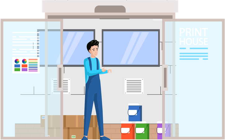 プリンターのインクを見て、プリンターの染料の入った缶を数える男性  イラスト