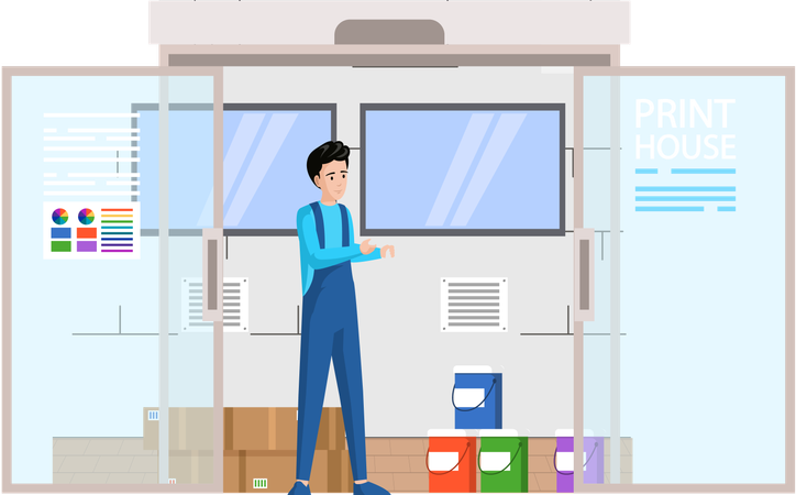 Man looking at inks for printers and counts cans with dyes for printer  Illustration