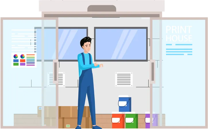 Man looking at inks for printers and counts cans with dyes for printer  Illustration