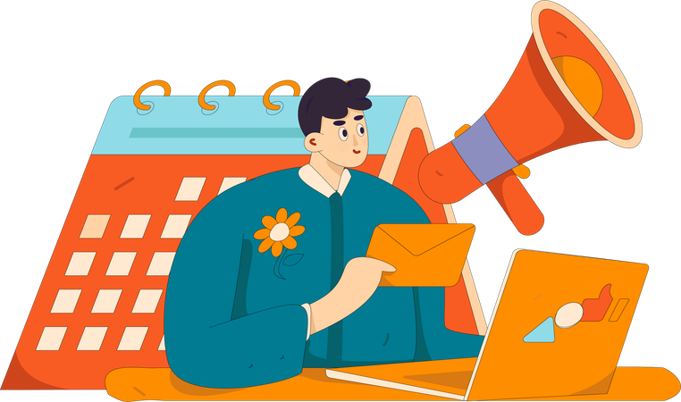 Man looking at laptop while doing mail marketing  Illustration