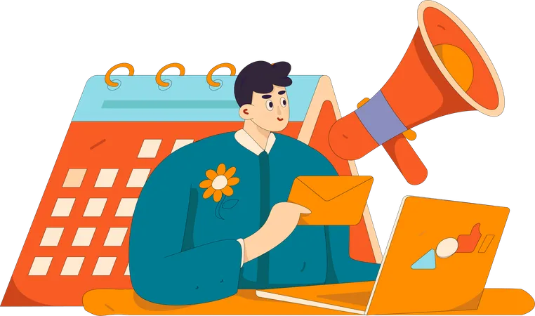 Man looking at laptop while doing mail marketing  Illustration