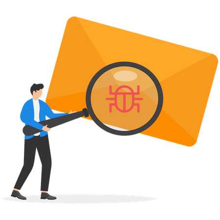 Man looking at letter in envelope through magnifying glass and seeing virus  Illustration