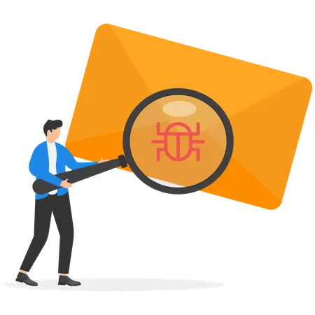 Man looking at letter in envelope through magnifying glass and seeing virus  Illustration