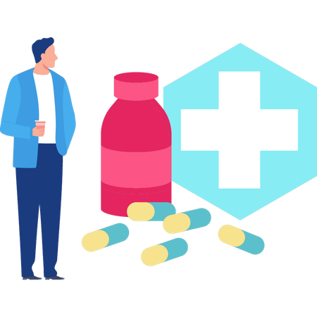 Man looking at medicines  Illustration