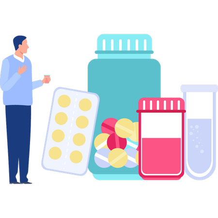 Man looking at medicines  Illustration