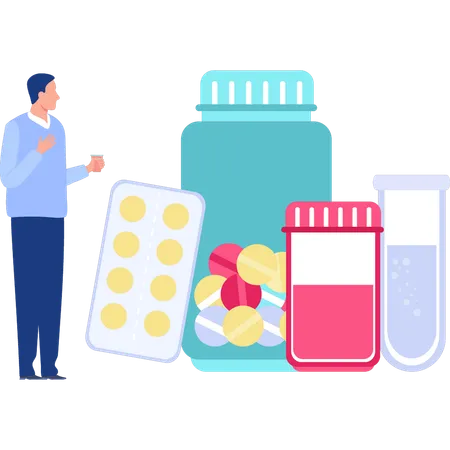 Man looking at medicines  Illustration