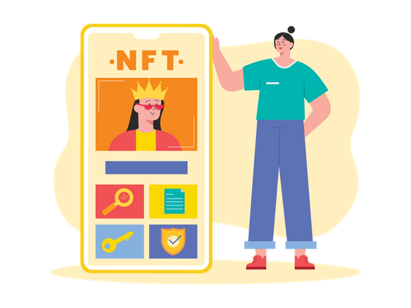 Man looking at mobile NFT exchange  イラスト