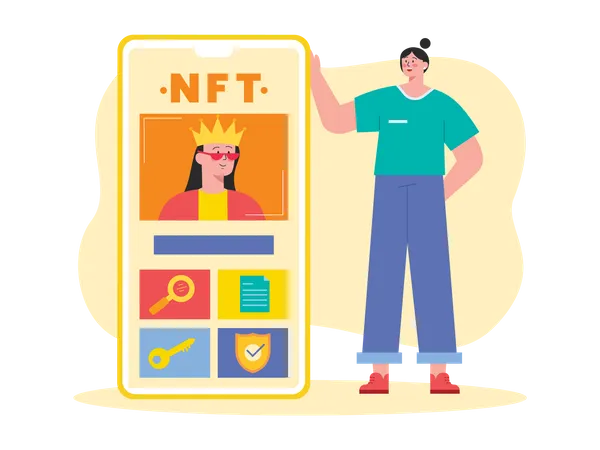 Man looking at mobile NFT exchange  イラスト