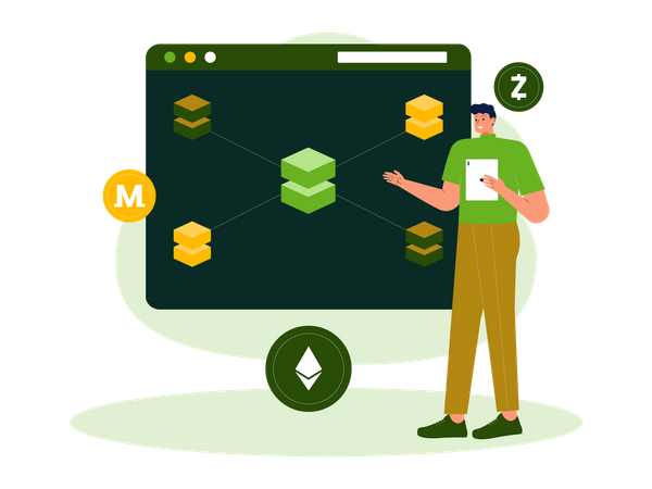 Man looking at monero blockchain technology  Illustration