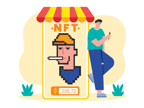 Man looking at NFT for sale  イラスト