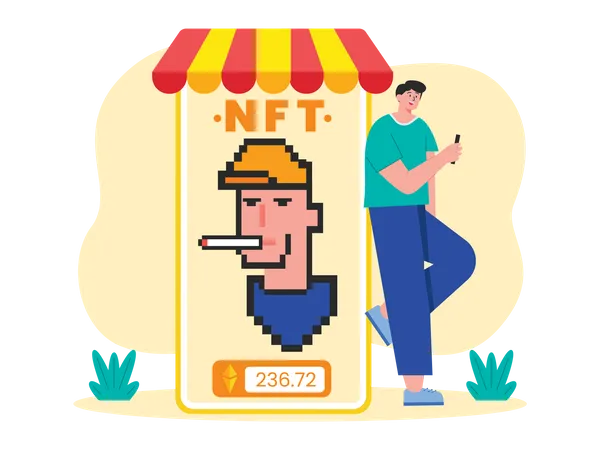 Man looking at NFT for sale  イラスト