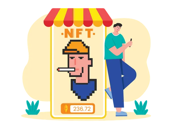 Man looking at NFT for sale  Illustration