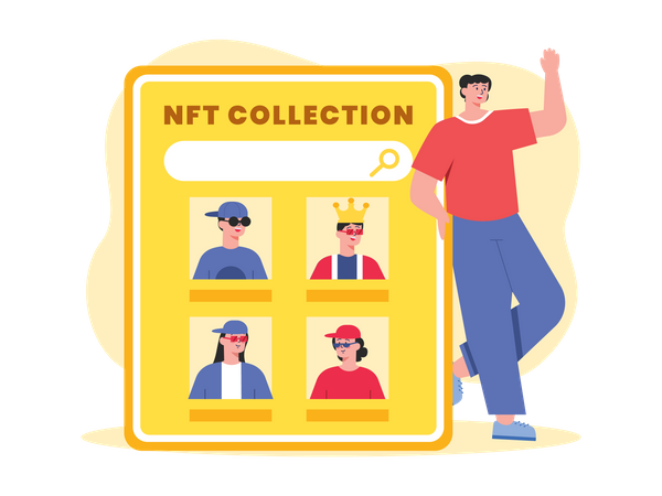 Man looking at online NFT collection Illustration