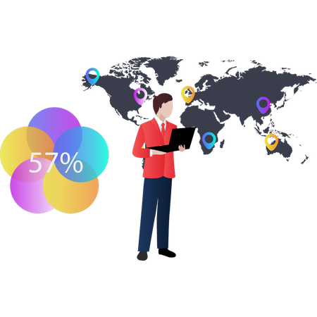 Man looking at percentages around world  Illustration