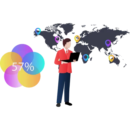 Man looking at percentages around world  Illustration