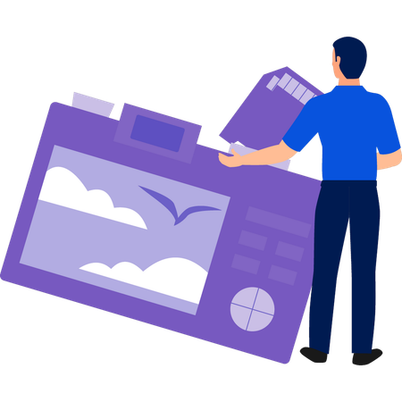 Man looking at  photos in SD card of camera  Illustration