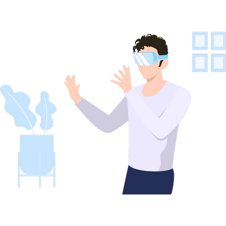 Man looking at plant pot through VR glasses  Illustration