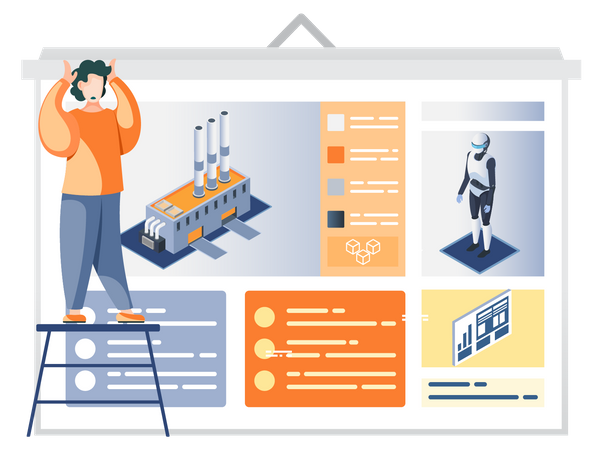 Man looking at presentation poster with description of Industry automation factory robot-driven  Illustration