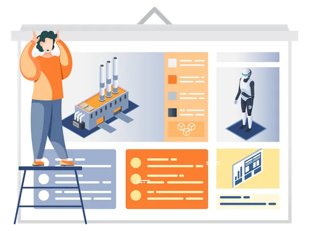 Man looking at presentation poster with description of Industry automation factory robot-driven  Illustration