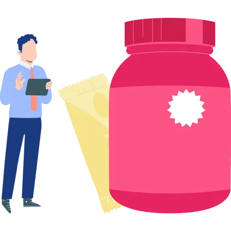 A Boy Is Looking At The Protein Jar Illustration