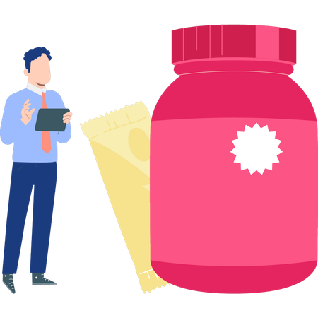 Man looking at protein jar  Illustration