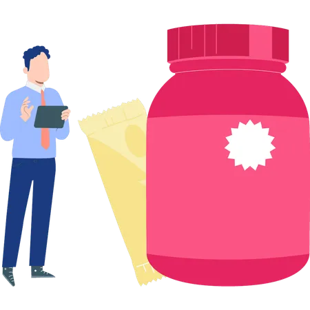 Man looking at protein jar  Illustration