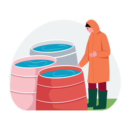 Man looking at Rainwater barrels  Illustration