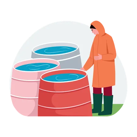 Man looking at Rainwater barrels  Illustration