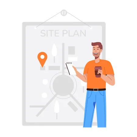 Man looking at real estate Site Plan  Illustration