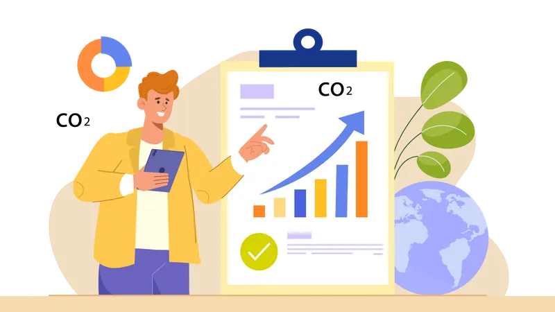 CO2 통계 상승을 지켜보는 남자  일러스트레이션