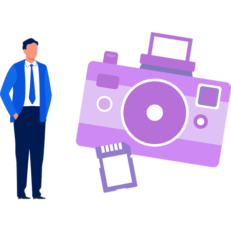 Man looking at SD card of digital camera  Illustration