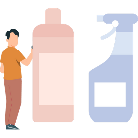 Man looking at shower bottle  Illustration
