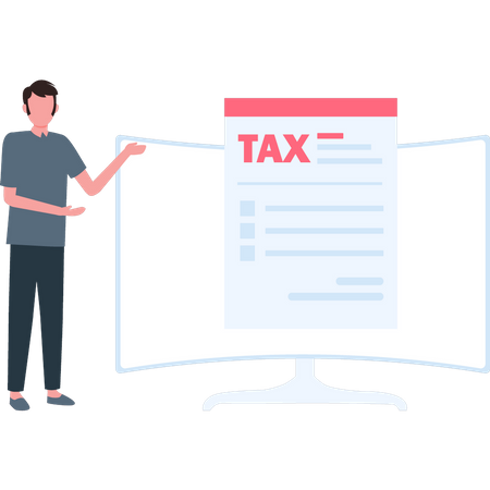 Man looking at tax paper on monitor  Illustration