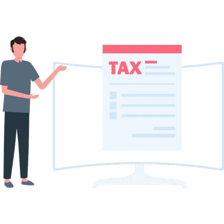 Man looking at tax paper on monitor  Illustration