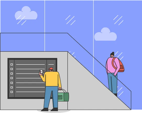 Concept Of Airport Terminal Man With Suitcase Is Looking At The Information Screen And Reading The Timetable Of Arrival And Departures Planes Cartoon Linear Outline Flat Style Vector Illustration 일러스트레이션