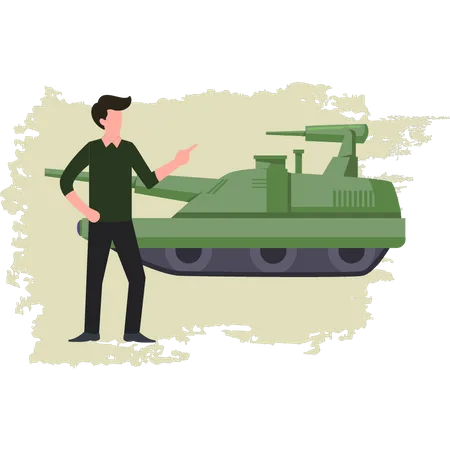 Man Looking At The Military Tank Illustration