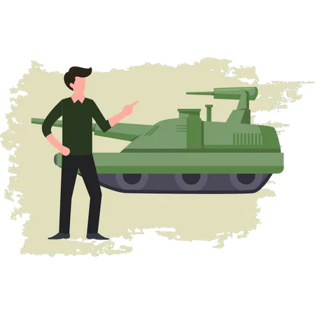 Man Looking At The Military Tank  Illustration